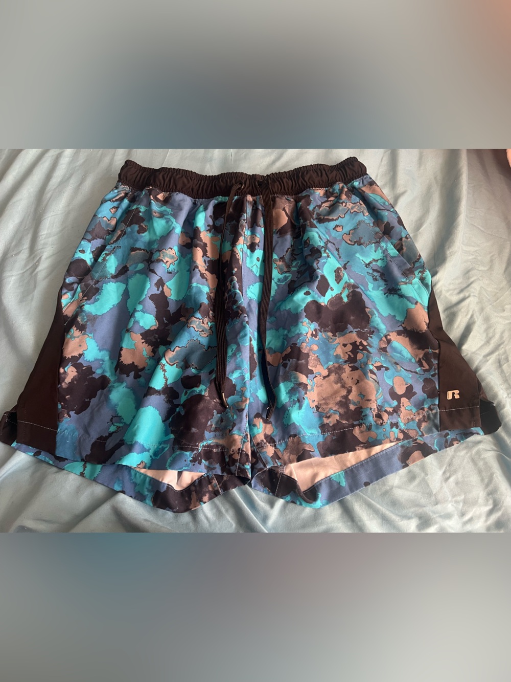 Russell Athletic Teal, Black & Brown Camo Athletic Shorts